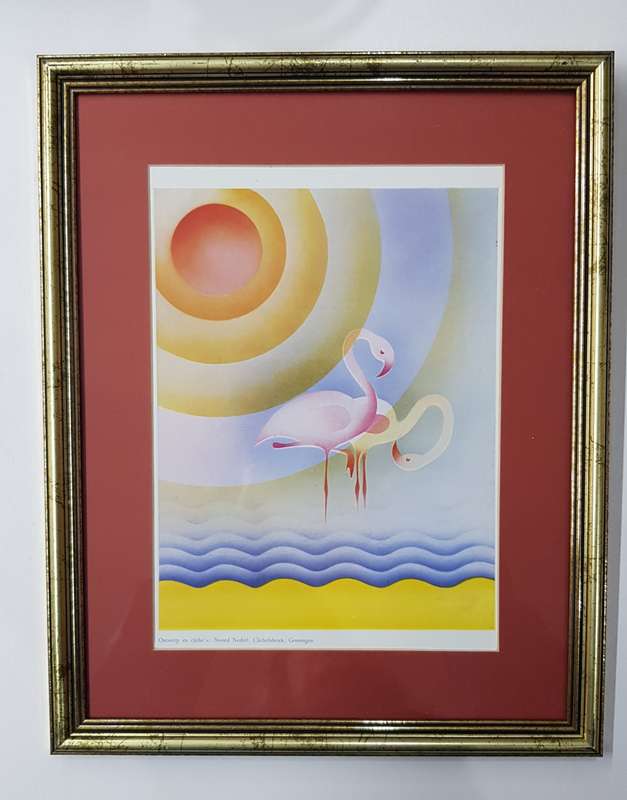 Wooden Frame behind Glass: Gilded with Maroon passepartout (mount card around picture).