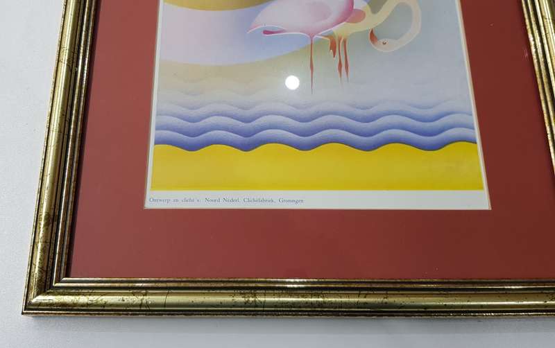Wooden Frame behind Glass: Gilded with Maroon passepartout (mount card around picture).