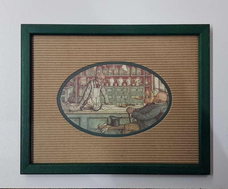 Wooden picture frames Painted green: Set of 2x frames with glass. Dutch sketch artist prints
