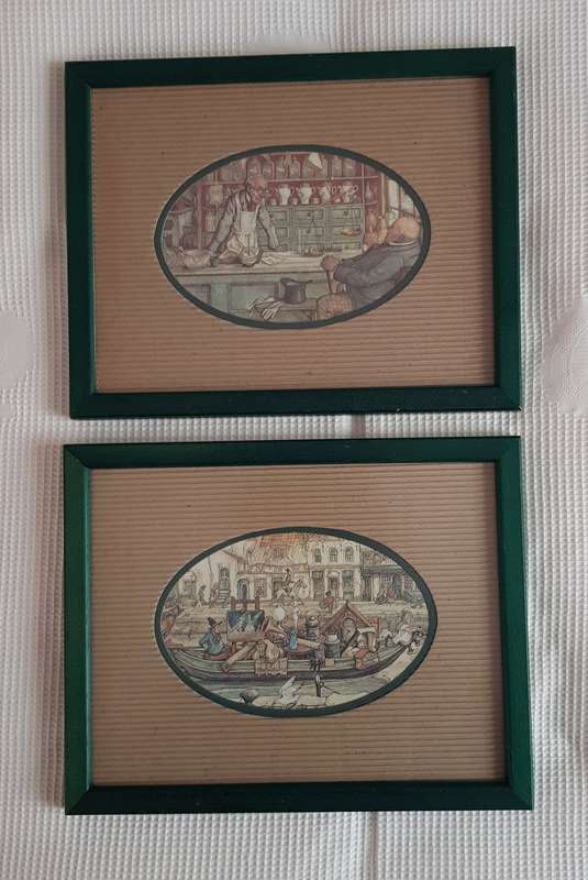 Wooden picture frames Painted green: Set of 2x frames with glass. Dutch sketch artist prints