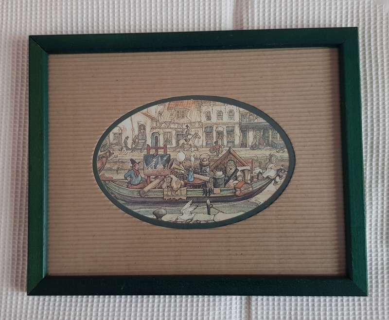 Wooden picture frames Painted green: Set of 2x frames with glass. Dutch sketch artist prints