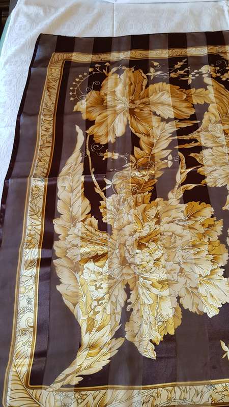 Vintage collectable Ladies scarf.  Classic silk finish square scarf in Brown and Gold.