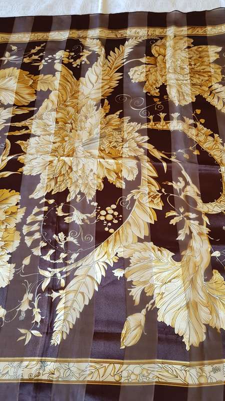 Vintage collectable Ladies scarf.  Classic silk finish square scarf in Brown and Gold.