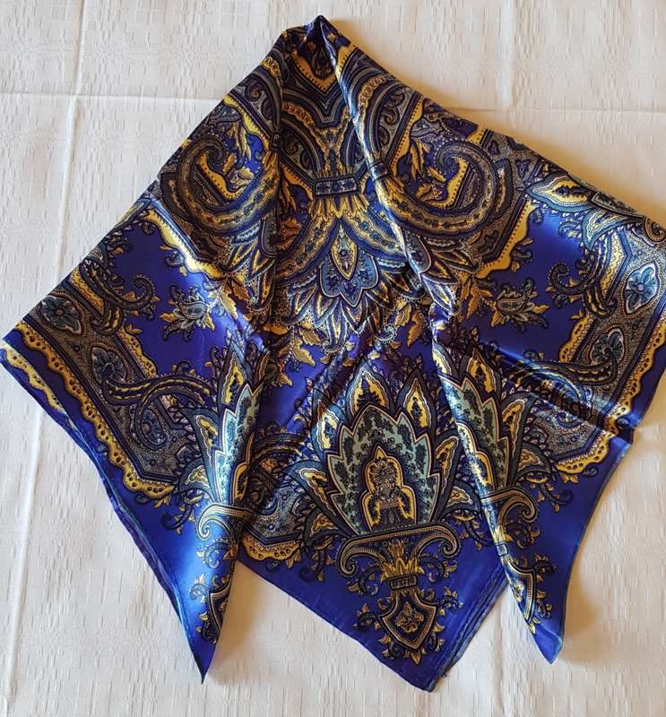 Vintage collectable Ladies scarf.  Classic satin square scarf in blue and gold, hand stitched edge.