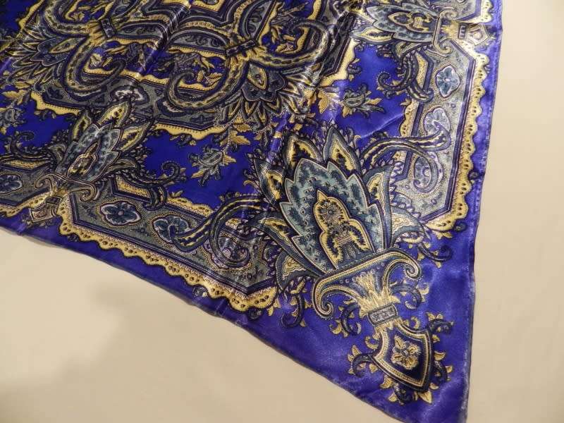 Vintage collectable Ladies scarf.  Classic satin square scarf in blue and gold, hand stitched edge.