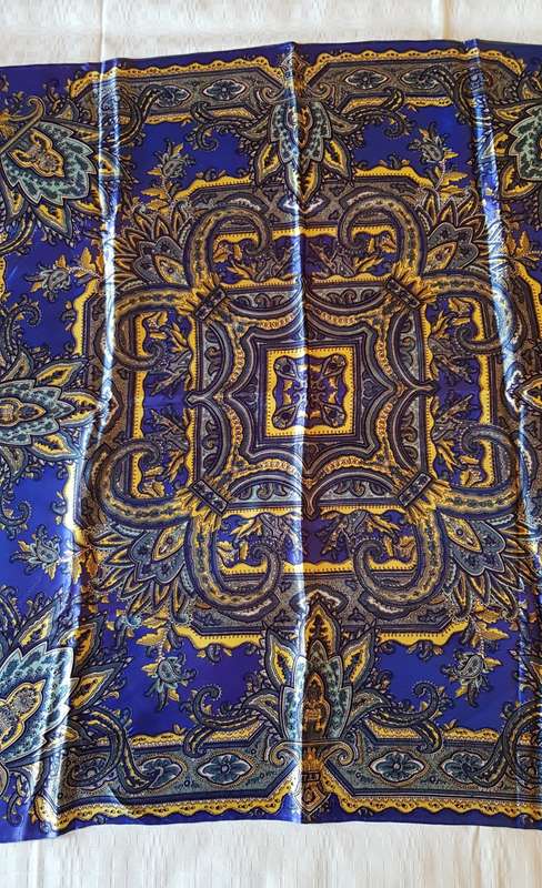 Vintage collectable Ladies scarf.  Classic satin square scarf in blue and gold, hand stitched edge.