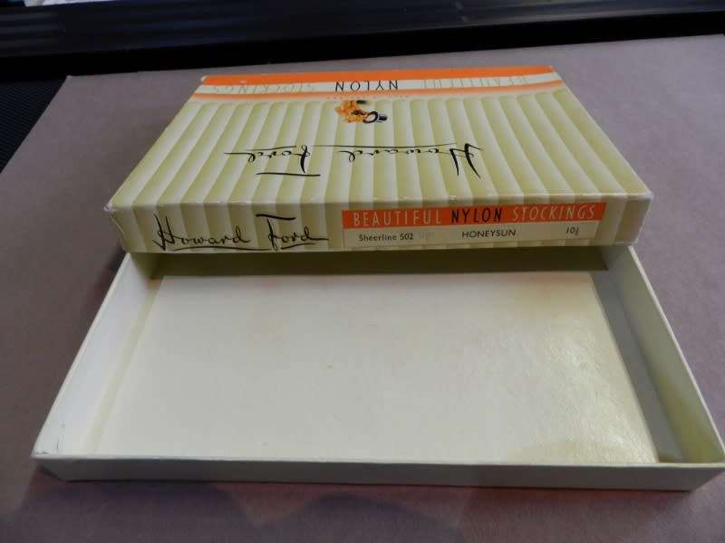 Vintage collectable.  Cardboard box (empty) marked Howard Ford Beautiful Nylon Stockings.