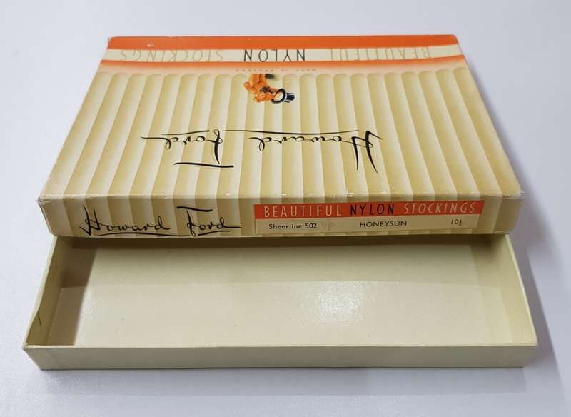 Vintage collectable.  Cardboard box (empty) marked Howard Ford Beautiful Nylon Stockings.