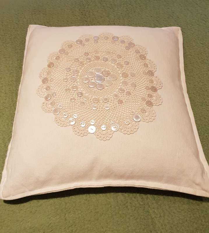 Scatter cushions: 1x White Bull linen scatter cushion cover with crochet and button detail