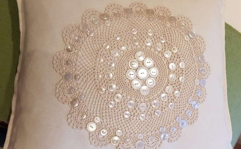 Scatter cushions: 1x White Bull linen scatter cushion cover with crochet and button detail