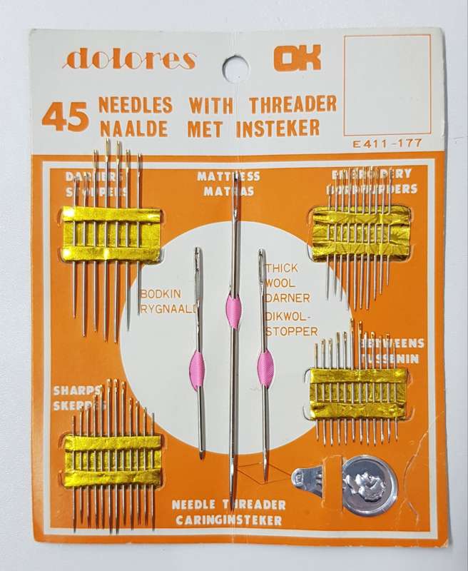 Vintage collectable selection of 45 assorted needles with threader by Dolores specially packed Ok