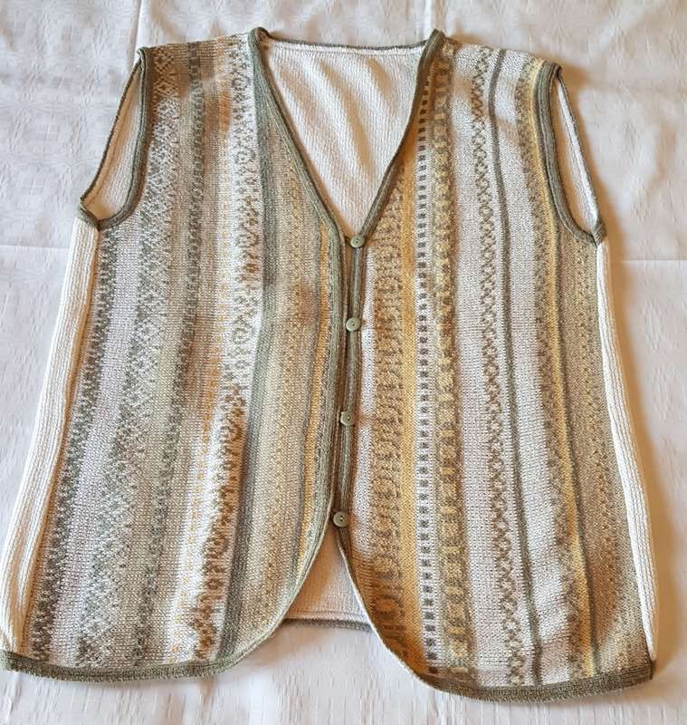 Ladies Sleeveless Cardigan  Cream background with beige/yellow and green pattern and four loop type