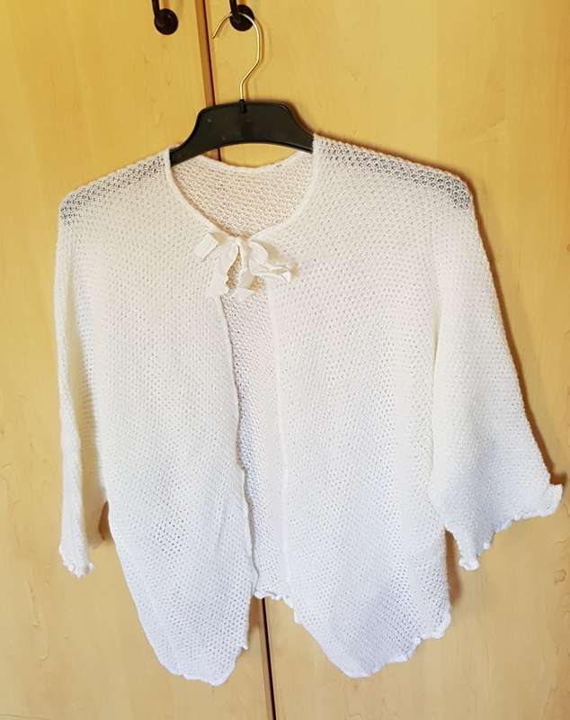 Ladies White Knitted Bed Jacket  Round neck, Scalloped edge with Ribbon tie