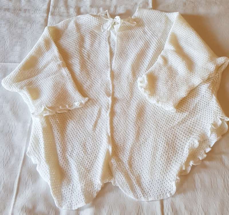 Ladies White Knitted Bed Jacket  Round neck, Scalloped edge with Ribbon tie