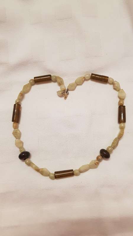 Vintage Costume Jewellery:  Necklace strung with various glass beads, shades of green