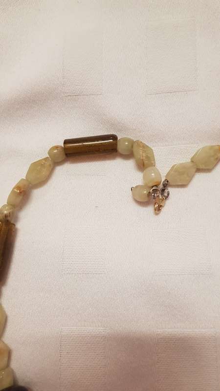 Vintage Costume Jewellery:  Necklace strung with various glass beads, shades of green