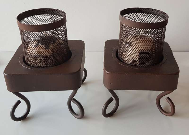 Set of 2x Metal Candle Holders/Stands. Metal painted brown with 2x small ball candles