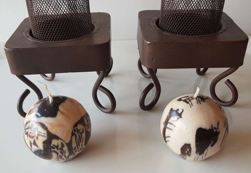 Set of 2x Metal Candle Holders/Stands. Metal painted brown with 2x small ball candles
