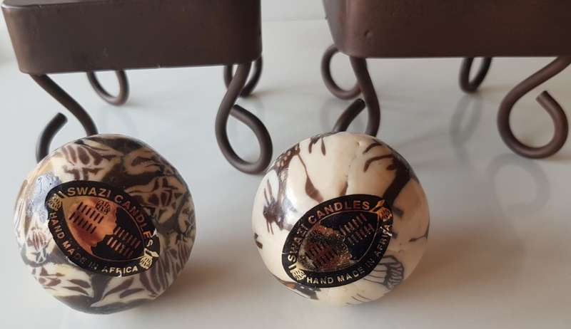Set of 2x Metal Candle Holders/Stands. Metal painted brown with 2x small ball candles
