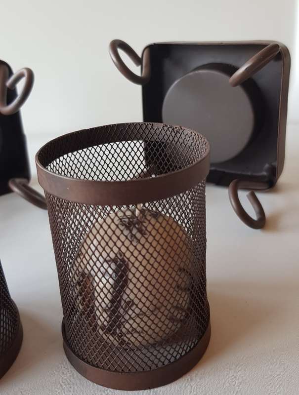 Set of 2x Metal Candle Holders/Stands. Metal painted brown with 2x small ball candles