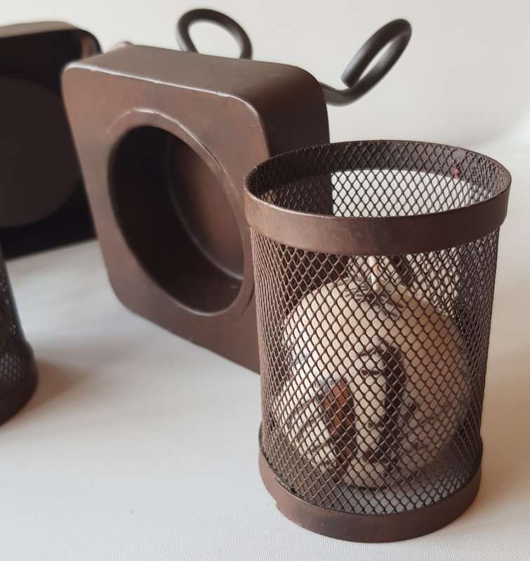 Set of 2x Metal Candle Holders/Stands. Metal painted brown with 2x small ball candles