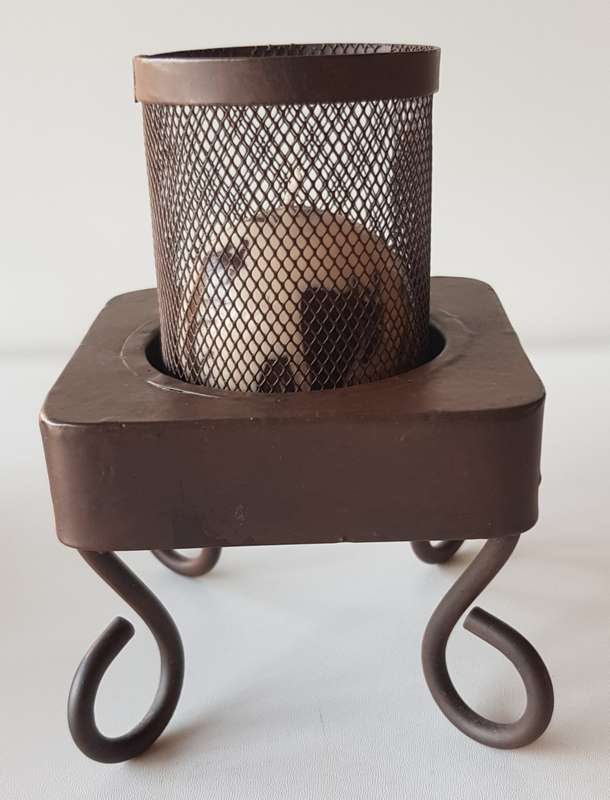 Set of 2x Metal Candle Holders/Stands. Metal painted brown with 2x small ball candles