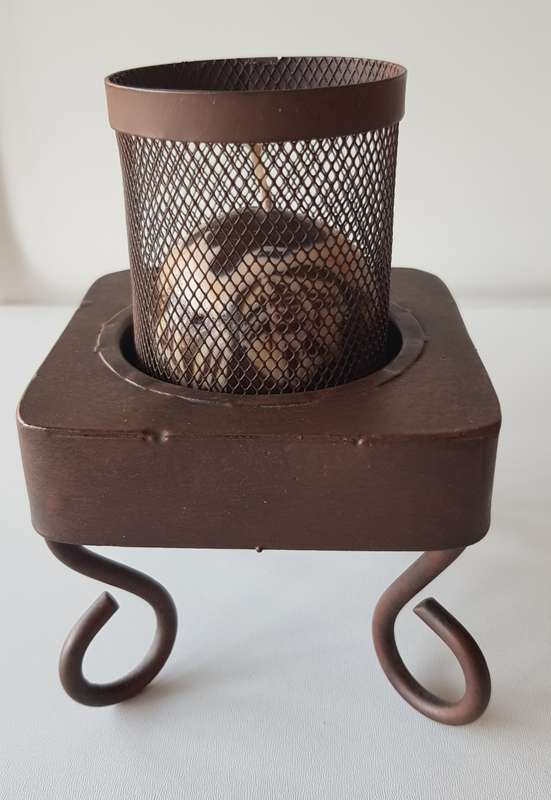 Set of 2x Metal Candle Holders/Stands. Metal painted brown with 2x small ball candles