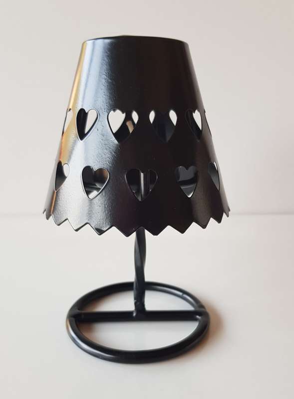 Black Metal Tea Light Burner Stand with a Hearts design metal shade.