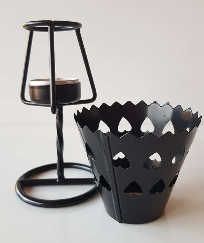 Black Metal Tea Light Burner Stand with a Hearts design metal shade.