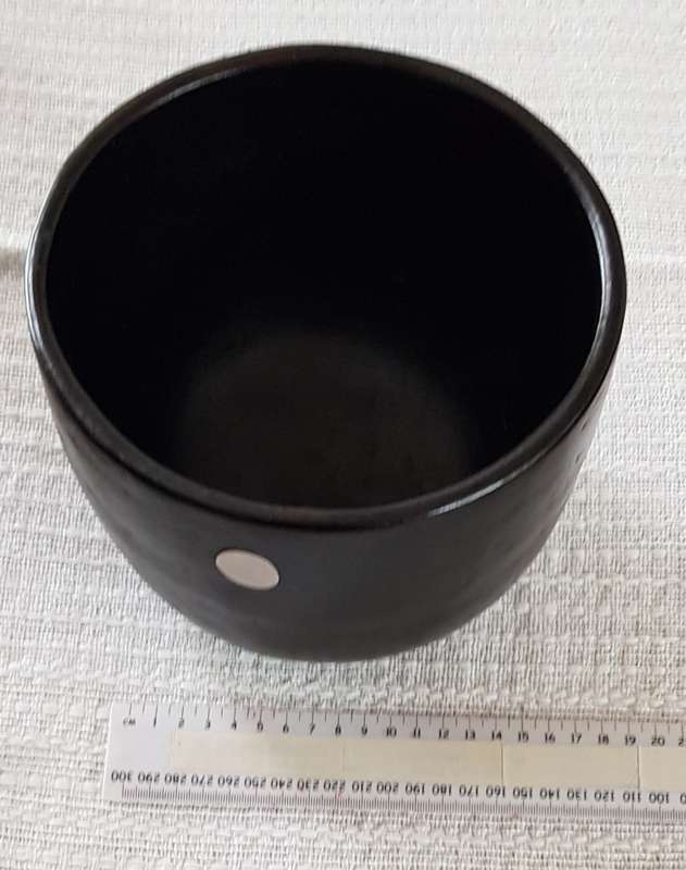 African Craft:  Matt Black earthenware Bowl/Pot with silver roundel inlay.