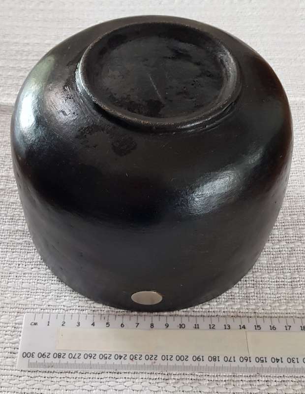 African Craft:  Matt Black earthenware Bowl/Pot with silver roundel inlay.