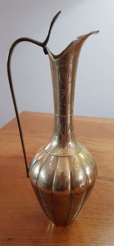 Brass Ornaments: Vintage Indian Brass Jug with long slender handle.