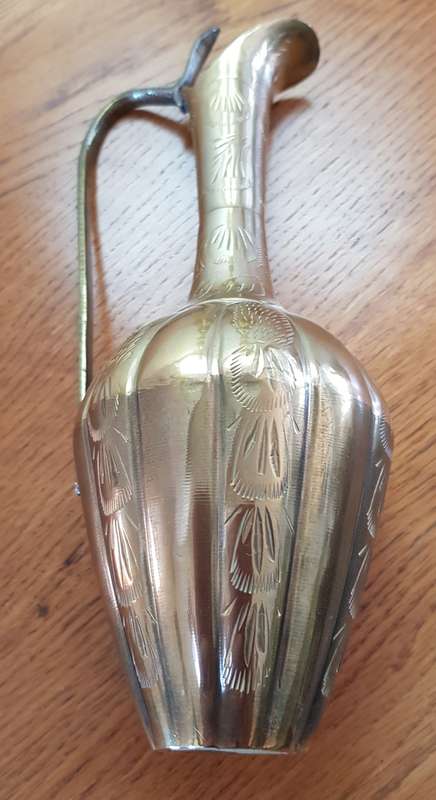 Brass Ornaments: Vintage Indian Brass Jug with long slender handle.