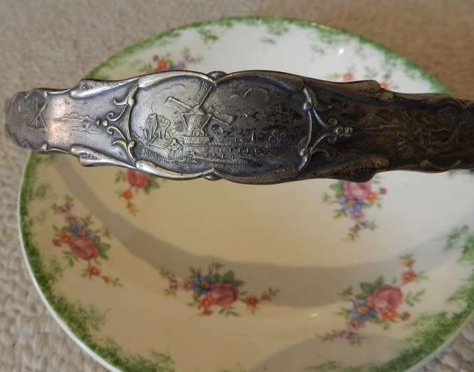 Antique Biscuit/Bon Bon Dish. Hand painted in Holland.  Porcelain floral design, silver handle