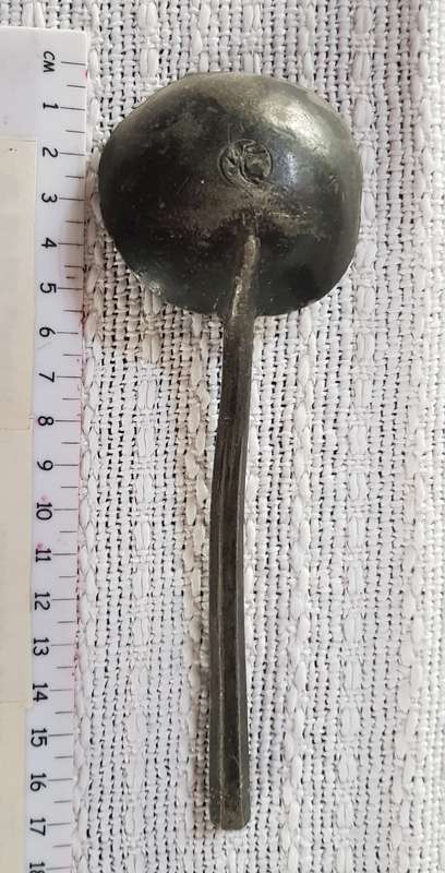 Antique Dutch Pewter spoon.  18/19th Century with Angel and trumpet mark.