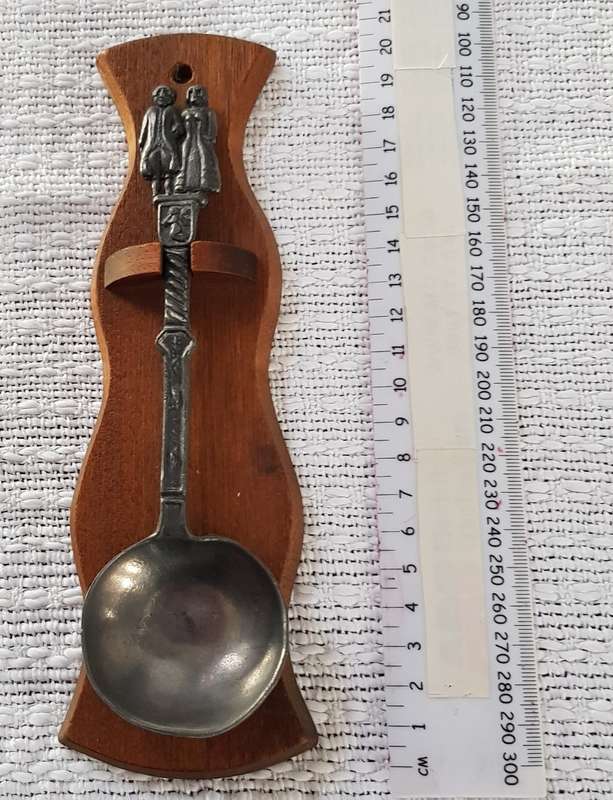Antique Dutch Pewter wedding spoon.  18/19th Century on a wooden spoon rest.
