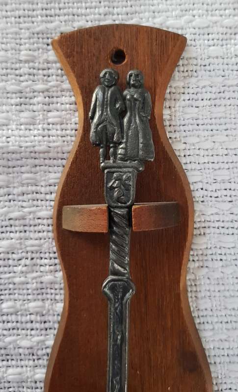 Antique Dutch Pewter wedding spoon.  18/19th Century on a wooden spoon rest.