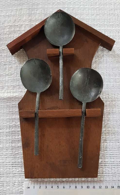 Antique Dutch Pewter spoons 18/19th Century. Wooden spoon rest of Oak with 3x hanging spoons