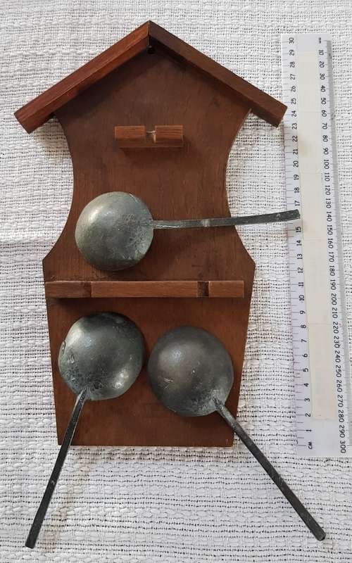 Antique Dutch Pewter spoons 18/19th Century. Wooden spoon rest of Oak with 3x hanging spoons
