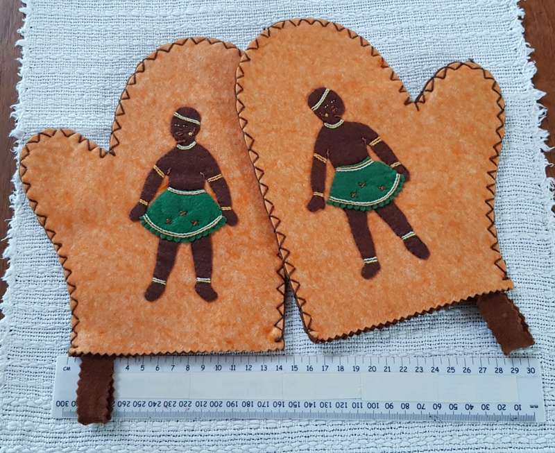 Vintage Zulu curio. Hand stitched felt decorative oven gloves - dates to the 1960s.