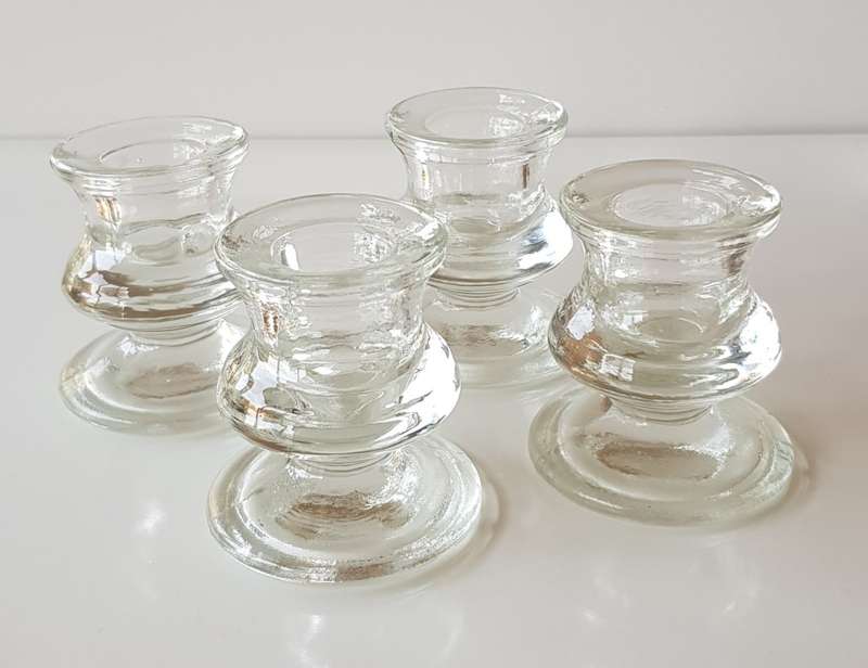 Set of 4x Pedestal type Glass Candle Holders. Round base
