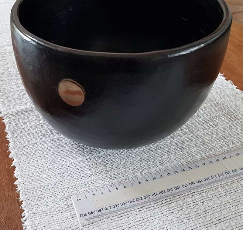 African Craft:  Matt Black earthenware Bowl/Pot with silver roundel inlay.