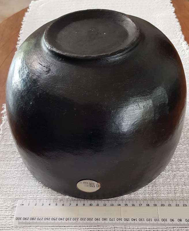 African Craft:  Matt Black earthenware Bowl/Pot with silver roundel inlay.