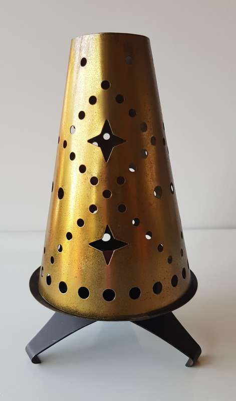 Vintage Metal Tea Light Burner Stand. Black metal base and loose Brass metal shade