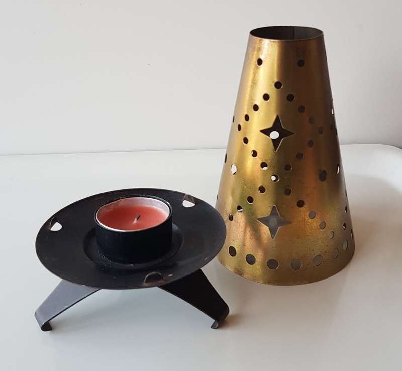 Vintage Metal Tea Light Burner Stand. Black metal base and loose Brass metal shade