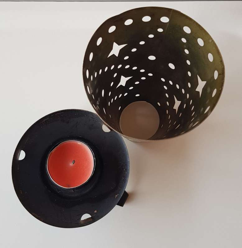 Vintage Metal Tea Light Burner Stand. Black metal base and loose Brass metal shade