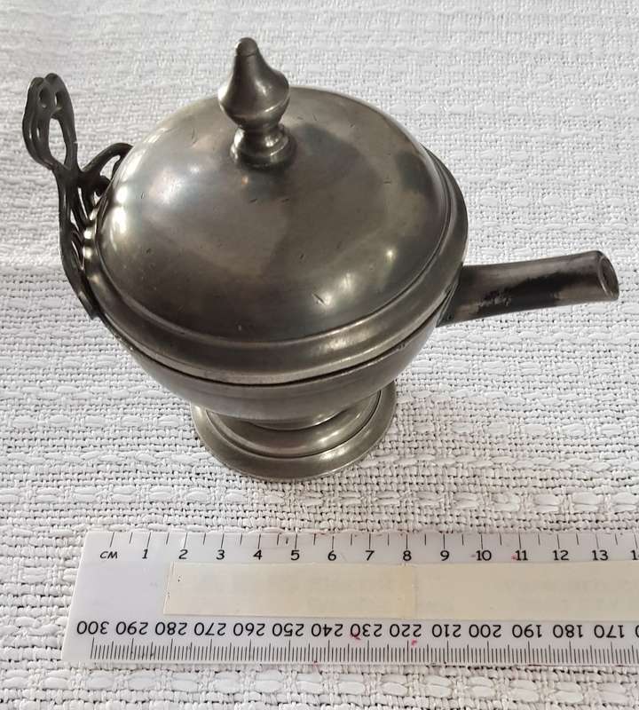 Antique Dutch Pewter oil burner.  Late18th early 19th Century with Angel and trumpet mark.