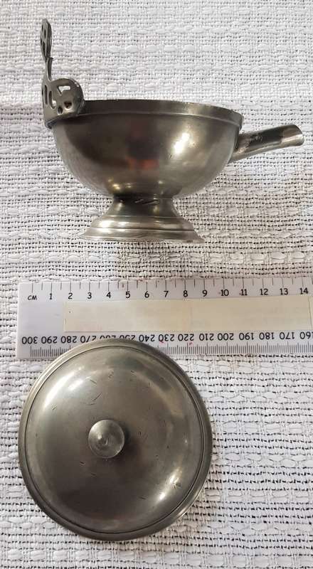 Antique Dutch Pewter oil burner.  Late18th early 19th Century with Angel and trumpet mark.
