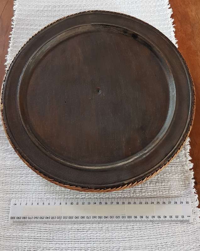African Craft round wooden fruit bowl/platter with basket weave edge on rim.