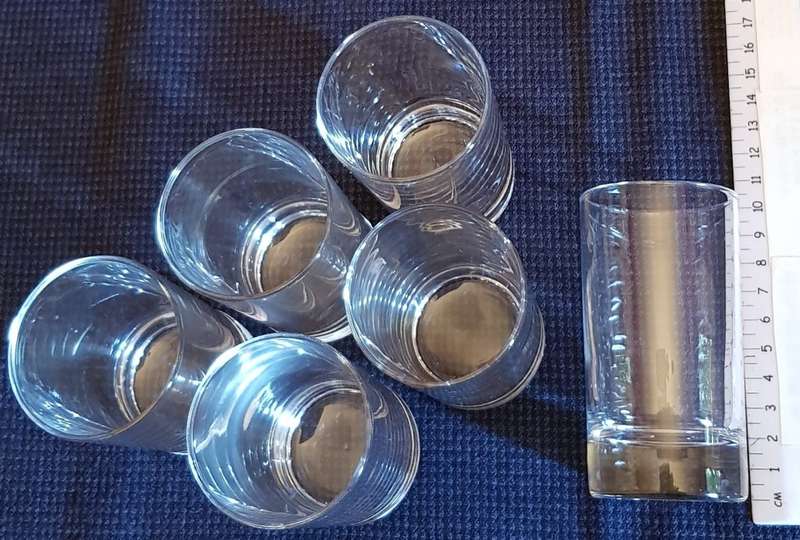 Glasses: Set of 6x small Breakfast juice drinking glasses.  Clear glass.